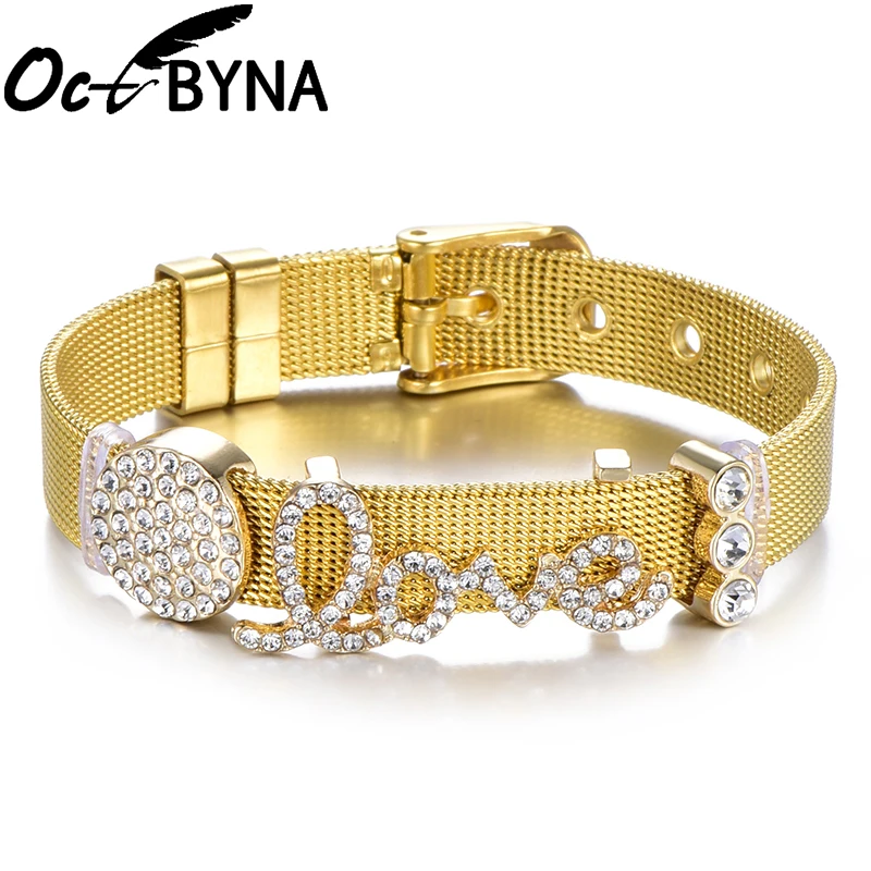 Octbyna DIY нержавеющая Пандора браслет сталь горный хрусталь любовь форма бусины сетки для женщин металлический Регулируемый
