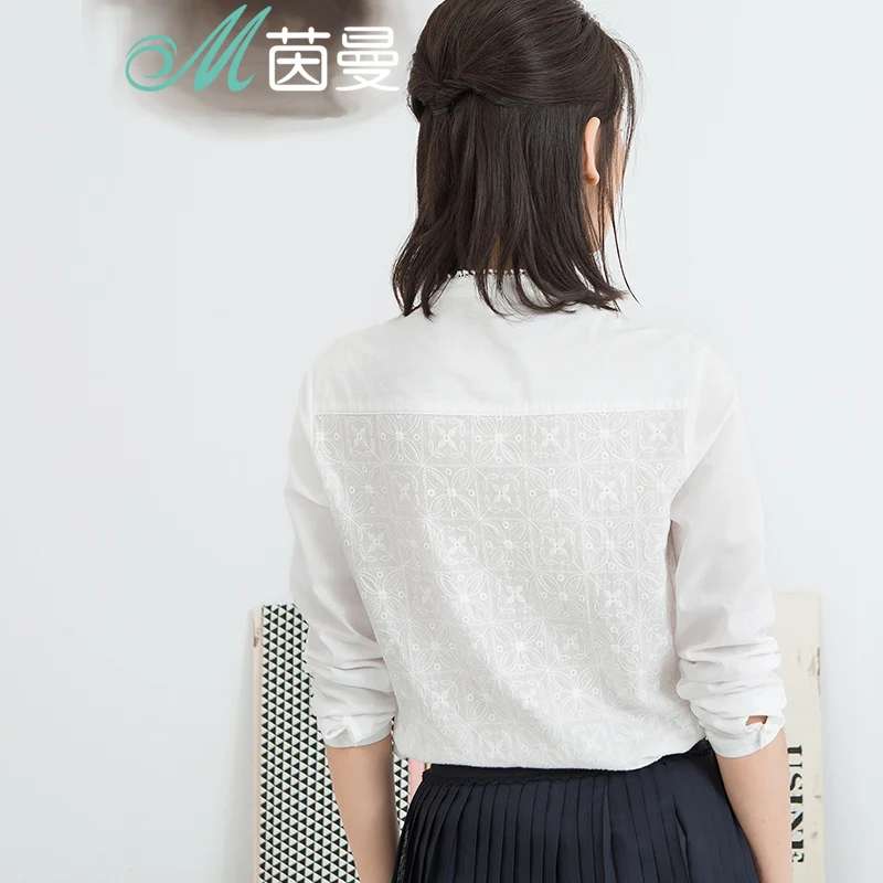 INMAN Women Tops and Delicate Embroidered Ladies Blouse Stand Collar Cotton Shirt Long Sleeves Whit