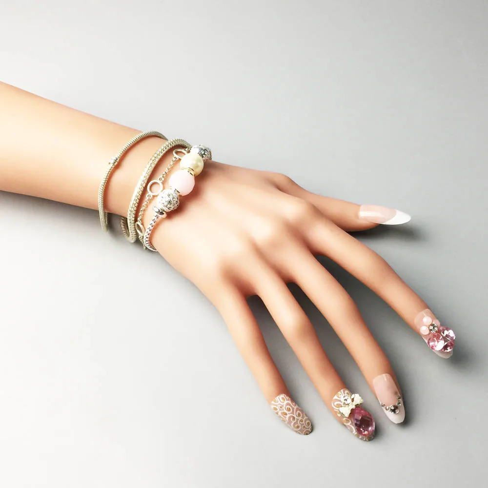 Bracelet Chain With White Zircons and Pink Karma Jewelry,Europe Style Gift For Women In Silver Fit Pendants and Charms