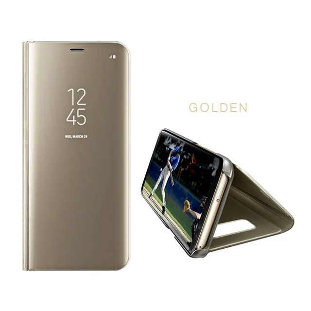 Зеркальный кожаный чехол-книжка для samsung Galaxy Note 8, S6, S7 Edge, S9, S8 Plus, прозрачный, с окошком обзора, умный чехол для iphone6, 6s, 7, 8 Plus, X - Цвет: gold
