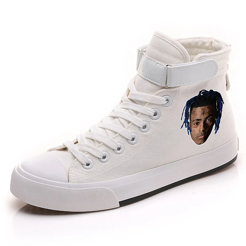 as the picture Певица Синг XXXTentacion высокий каблук Холст Верх мужские белые кроссовки VelcroShoelace трендовая обувь кроссовки A194301 - Цвет: as the picture