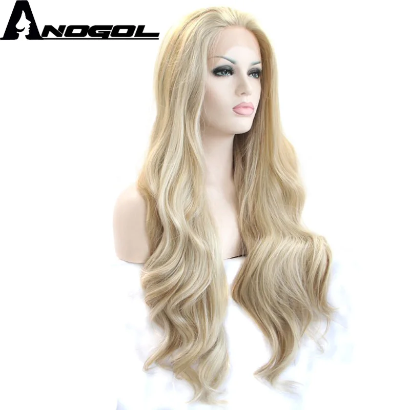 

Anogol High Temperature Fiber Natural Long Body Wave Free Part Platinum Blonde Synthetic Lace Front Wig For White Women