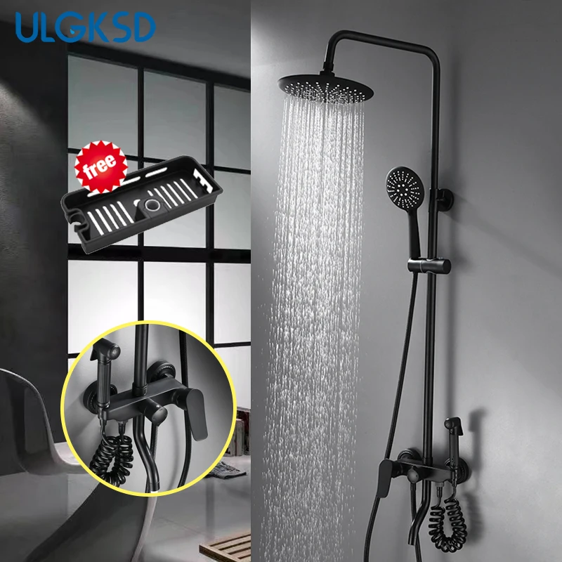 

ULGKSD Blacken Shower Faucet W/ Bath Bidet ABS Shower Head & Hand Spray Hot and Cold Water Mixer Tap Para Bathroom Faucets