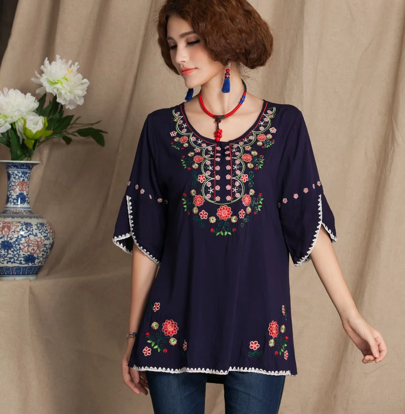 Blusa holgada estilo Hippie para camisa con bordado Floral, Vintage, étnico, mejicano, cuello redondo, colores|blouse black|blouses jeansblouse style - AliExpress