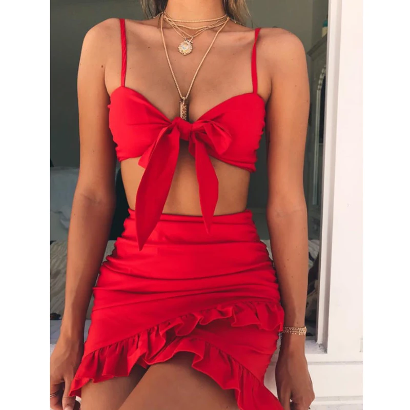 Женская модная сексуальная летняя одежда из 2 предметов, без рукавов, без бретелек, с бантом, однотонные красные топы с оборками, мини-юбки, размеры s/m/l/XL