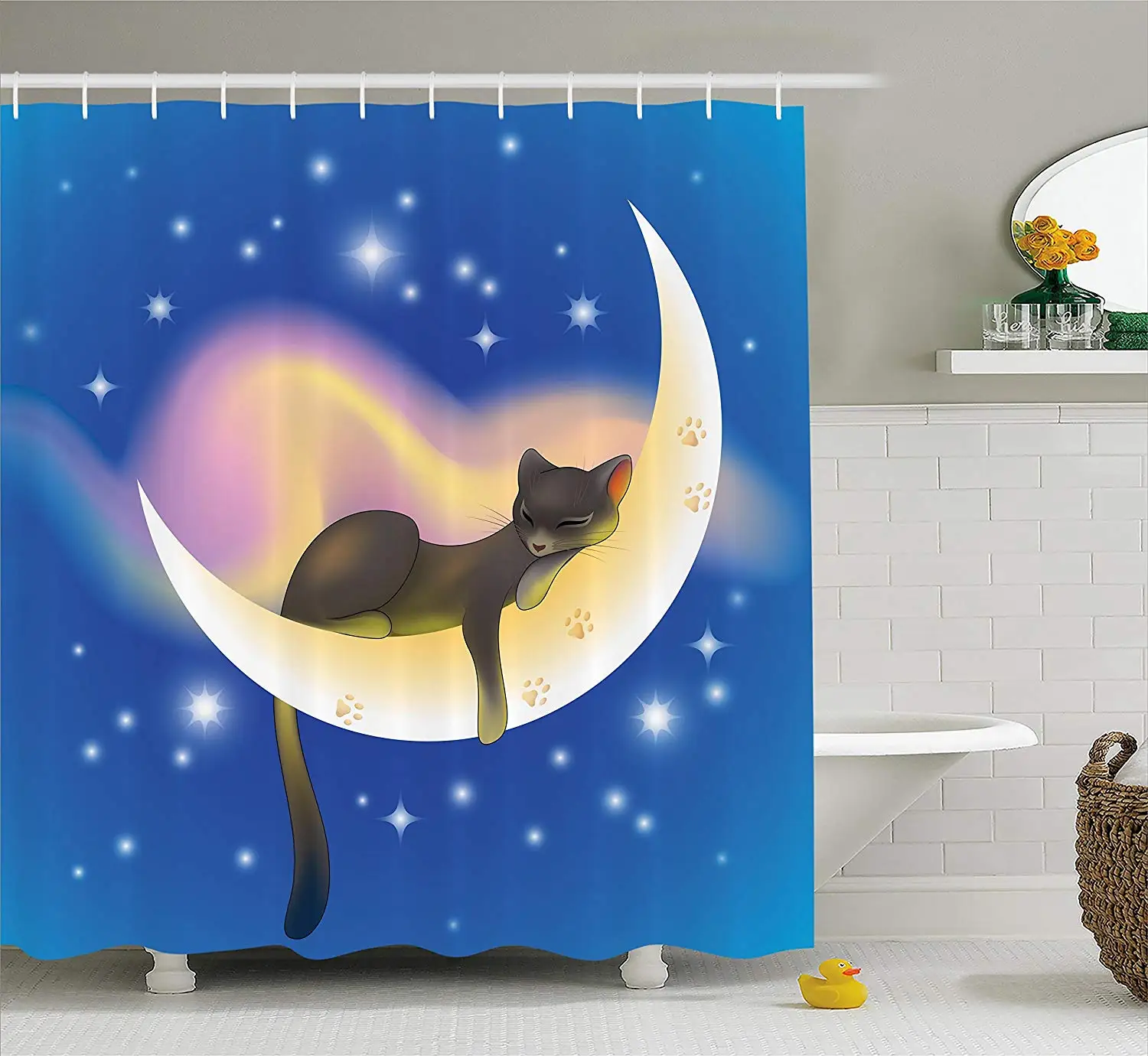 Cat Shower Curtain Cat Sleeping on Crescent Moon Stars Night Sweet