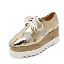 Frauen Plattform Schuhe Oxfords Brogue Lackleder Wohnungen Lace Up Schuhe Creepers Vintage Luxus Licht sohlen Freizeitschuhe Goldene