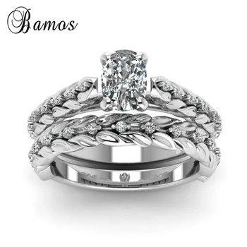 

Bamos Simple Wheat Wave Zircon Ring Set Fashion White Gold Filled Promise Wedding Rings For Women Luxury Jewelry Bridal Sets