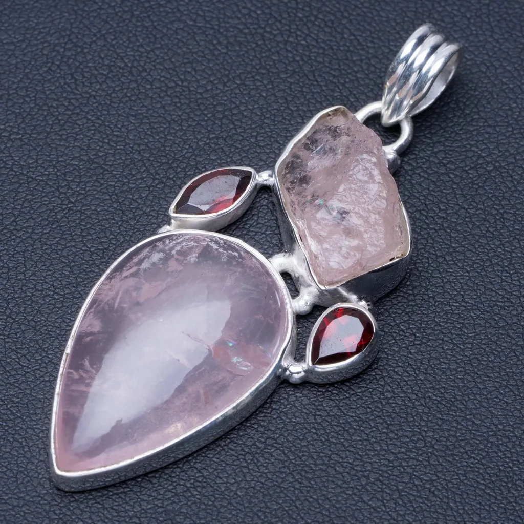

Natural Rose Quartz,Rose Quartz rough&Garnet Punk Style 925 Sterling Silver Pendant 2 1/4" Q0584