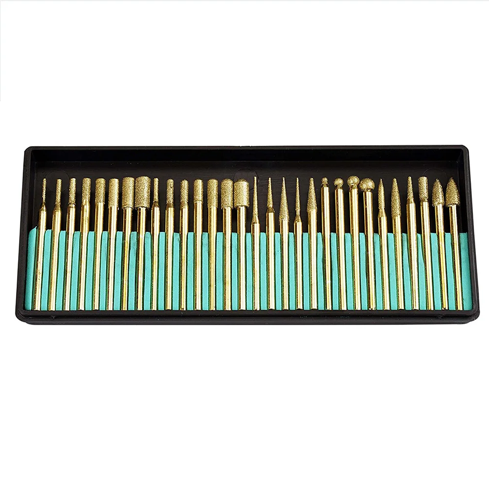 

30-Piece Set of 3mm Titanium-Coated Diamond Burrs Grinding Head Shank Drill Bit Set Burr Drill Grinder Bits Dremel Rotary Tools