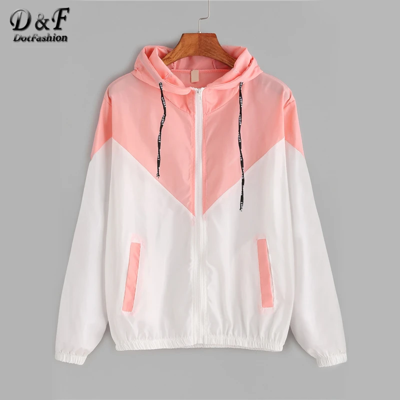 

Dotfashion Color Block Contrast Drawstring Hooded Zip Up Pink Jacket Female Casual Coat 2019 Autumn Clothing Spring Outerwear