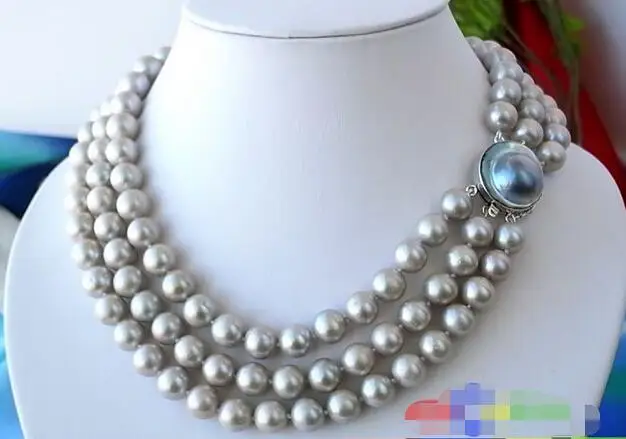 

FREE SHIPPING HOT sell new Style >>>>3ROW 8" 11MM GRAY ROUND FRESHWATER PEARL NECKLACE MABE