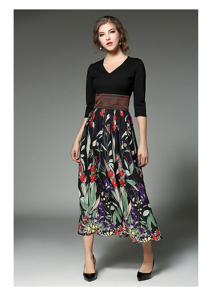 

La MaxZa Bohemian Print Women Dress Three Quarter Sleeve V-Neck Dresses Vestidos