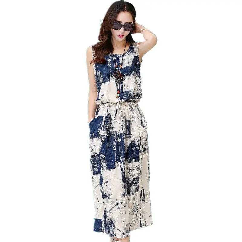 

Vintage floral dress female Women Summer Dress casual Cotton Linen Sleeveless elegant blue black Dress Long dresses vestido