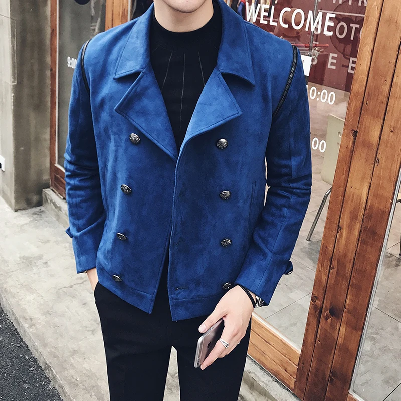 2017 Autumn Mens Double Breasted Suede Jacket Male Lapel Collar Long
