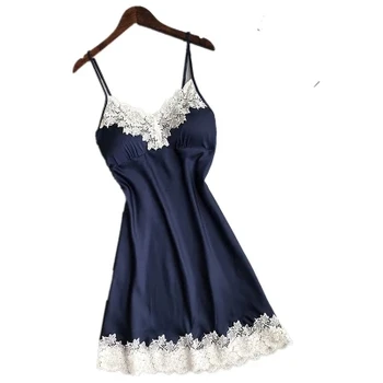 

New Women Nightgowns Silk Night Dress Sexy Spaghetti Strap V-Neck Lace Casual Home Dress Night Shirt Sleepwear Nightwear