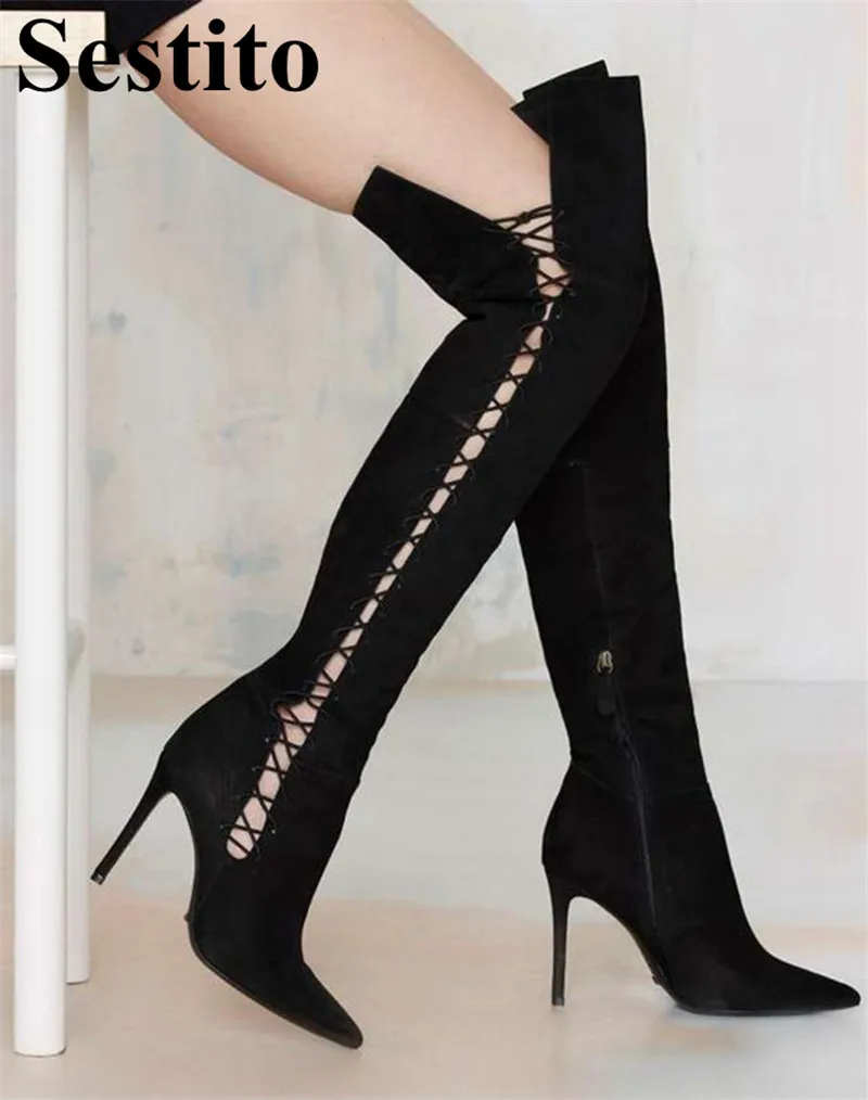 

2018 New Sexy Hollow Cross-tied Black Woman Boots Pointed Toe Over-the-Knee Boots For Women Super High Thin Heel Zip Women Shoes