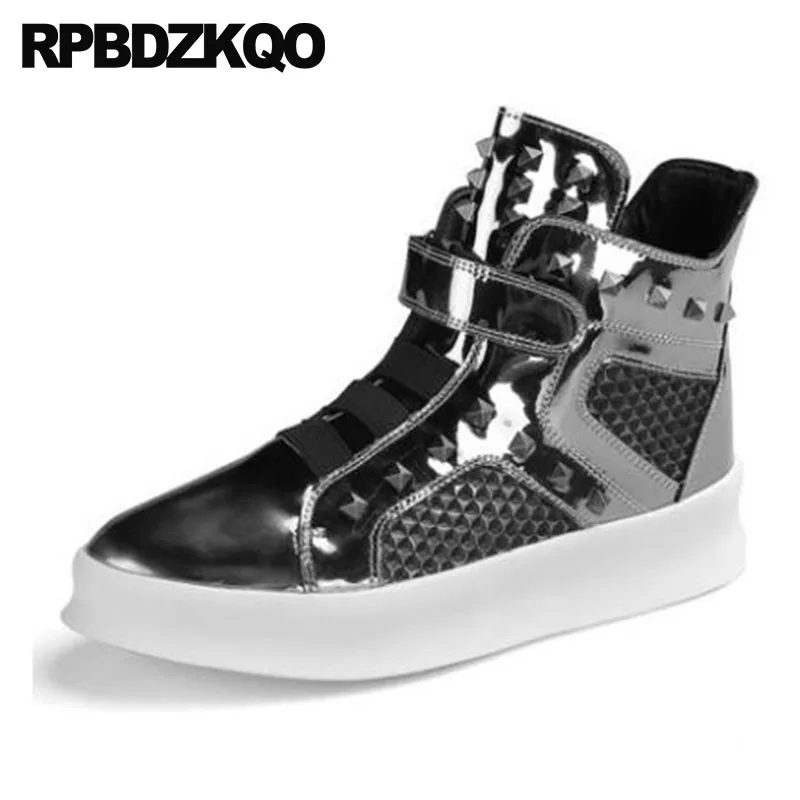 

Ankle Trainer Silver Booties Punk Metalic Shoes Stud Rivet Mens Black Patent Leather Boots Sneakers Fashion High Sole Rock Top