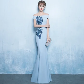 

Full Length Women Mermaid Cheongsam Top Quality Light Blue Qipao Sexy Off Shoulder Slim Annual Meeting Dress Vestidos XS-XXL