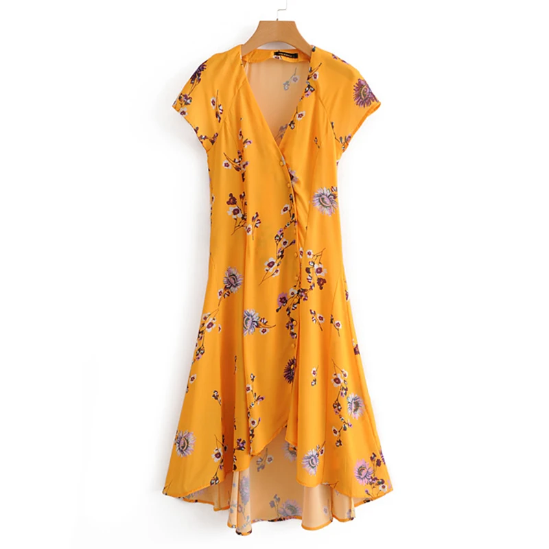 Women's Clothing Dress 2019 Printed Short Sleeve Slant Buckle V-Neck Dress Ms Summer Street Sexy Slim Fit Temperament Clothing
