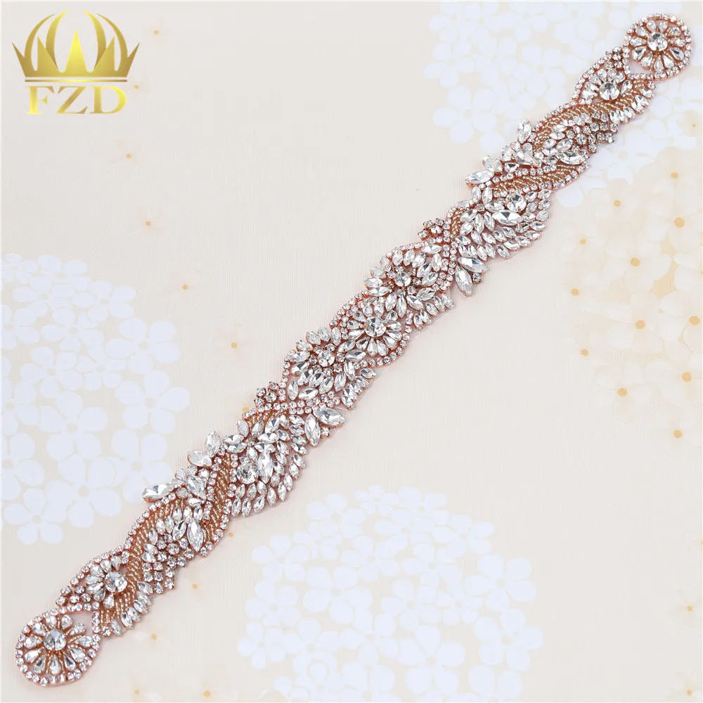 

(10 Pieces) Wholesale Sew On Gold Bridal Sash Applique with Crystal Rhinestones Decorative Trim for Wedding Dress or Headbands