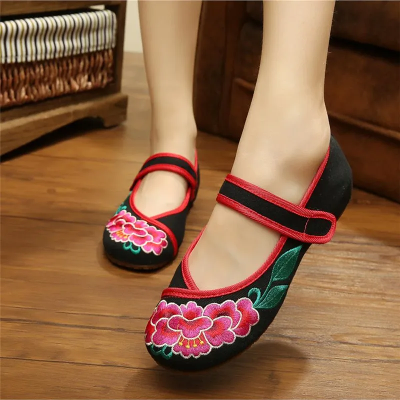 

Old Peking Shoes Women's Shoes Flat Heel Flats with Embroidery Soft Sole Canvas Shoes Dancing Shoes Red and Black Colors