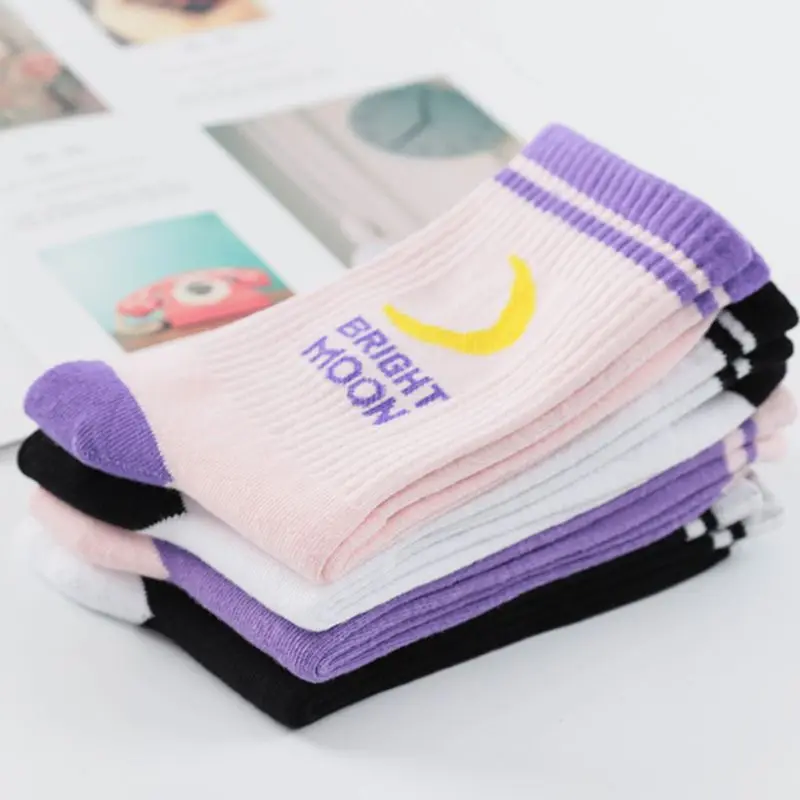 Women Girls Ulzzang Harajuku Cotton Long Crew Socks Rib Trim Double Stripes Moon Letters Printed Hip-Hop Hosiery Skaterboard Str