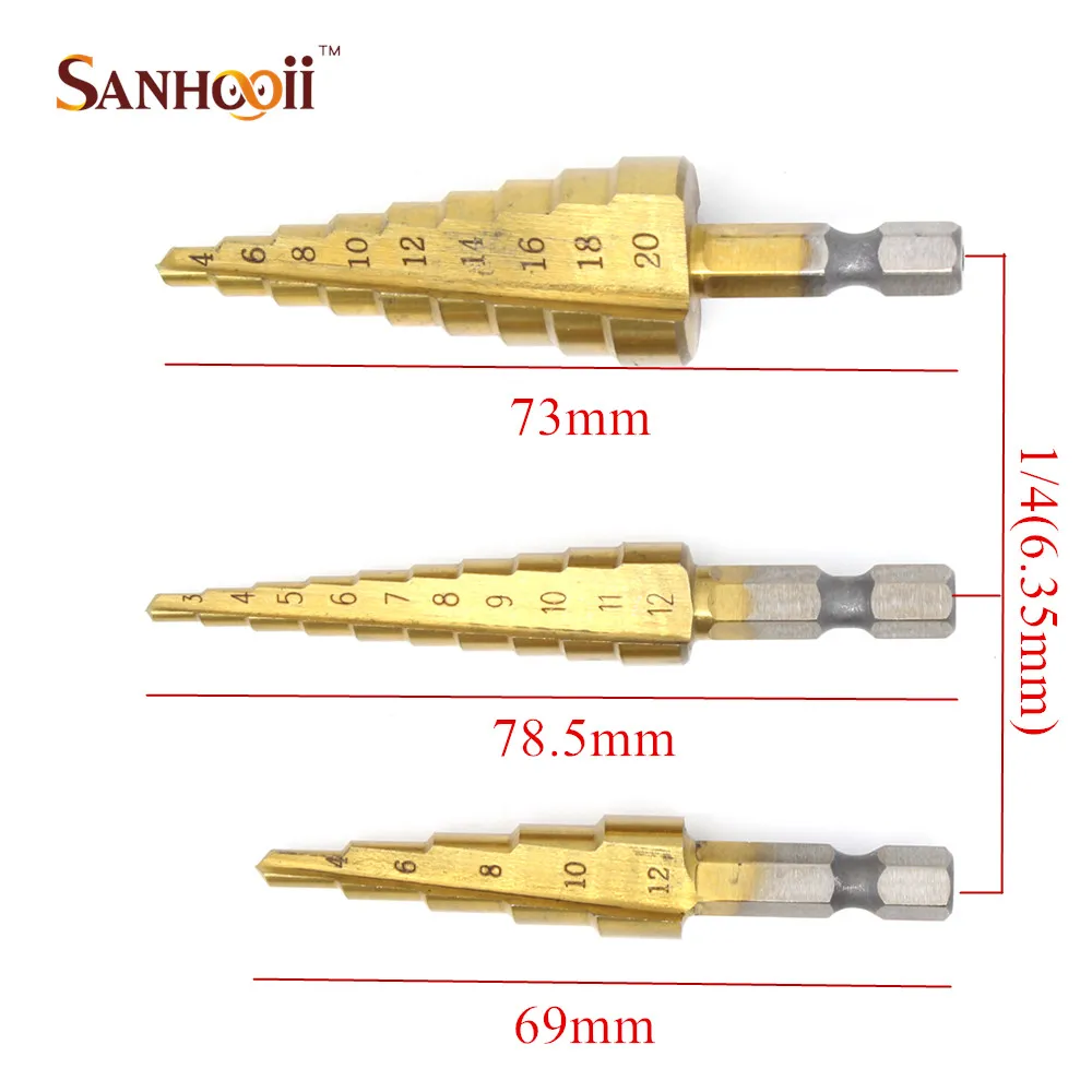 SANHOOII 3в1 титановые ступенчатые сверла 3-12 мм 4-12 мм 4-20 мм титановые ступенчатые сверла HSS электросверла набор инструментов