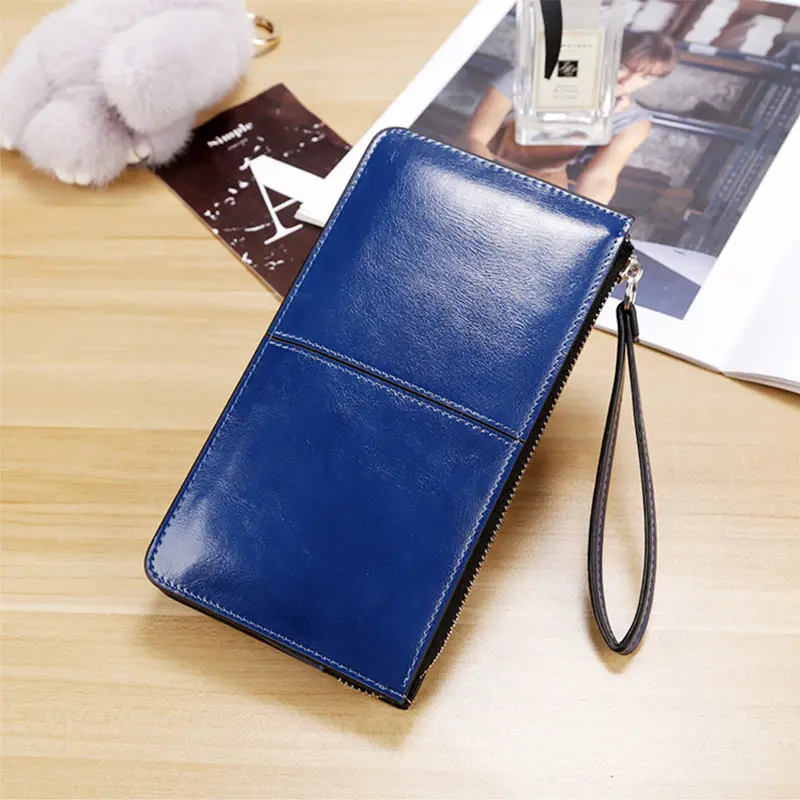 

Women famous brand Oil wax leather zipper clutch wallet female candy color burglar robbed purse lady Multi-function phone bag
