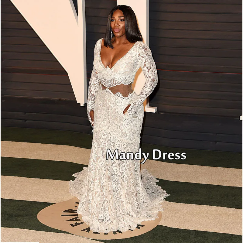 Mandy 2016 Oscar Serena Williams Y Princess V Neck Court Train Mandy 2016 Oscar Serena Williams Y Princess V Neck Court Train Embriodely Lace Flower White Vestido De Festa Celebrity Dress In Inspired