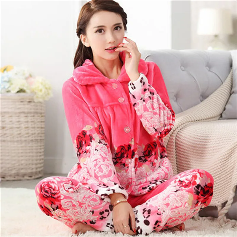 2017 зимняя женская обувь пижамы кораллового цвета с принтом кардиган утолщение