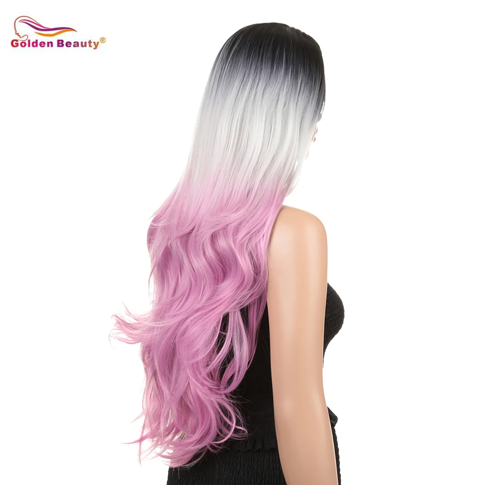 Длинные волнистые волосы, черный и розовый парик для женщин, косплей костюм, синтетические волосы, укоренившиеся, Без взрыва, средняя часть 30 дюймов, Золотая красота
