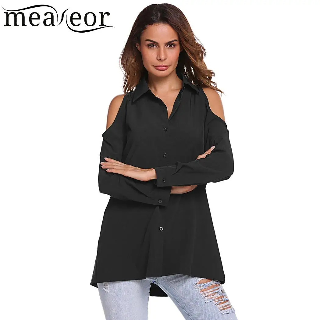 Meaneor Casual Women Blouses Shirt Turn Down Collar Cold Shoulder ...