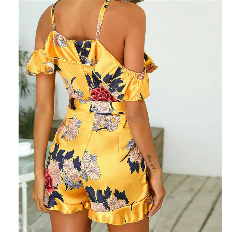 Женские комбинезоны с открытыми плечами Boho, летние модные цветочные комбинезоны с оборками, облегающие комбинезоны