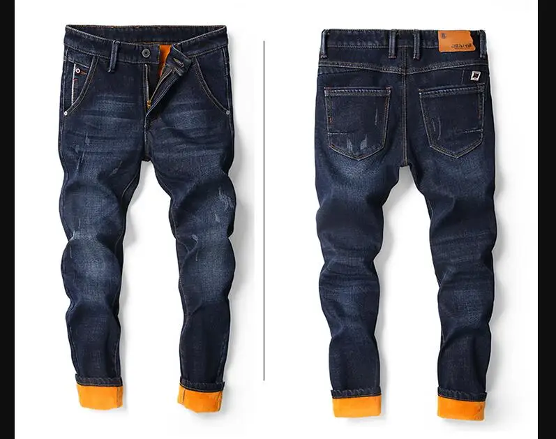 Высокое качество Для мужчин Зимние Синие джинсы Новый мужской Strtch Тонкий теплые зимние джинсы Для мужчин Smart Повседневное супертяжелом