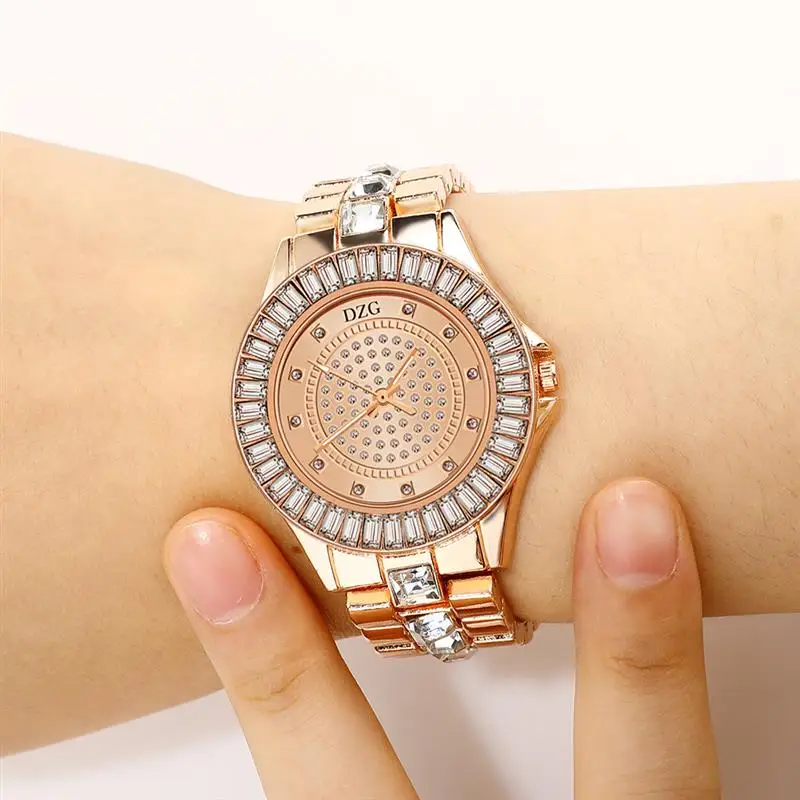 Модные Розовые золотые часы с бриллиантами Женские кварцевые наручные часы из нержавеющей стали со стразами роскошные элегантные женские наручные часы