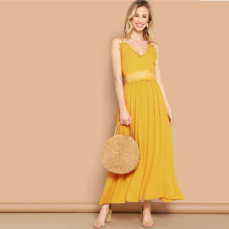 COLROVIE, желтое Кружевное облегающее и расклешенное платье-комбинация COLROVIE, женское платье-комбинация, лето, без рукавов, высокая талия, офисные платья макси