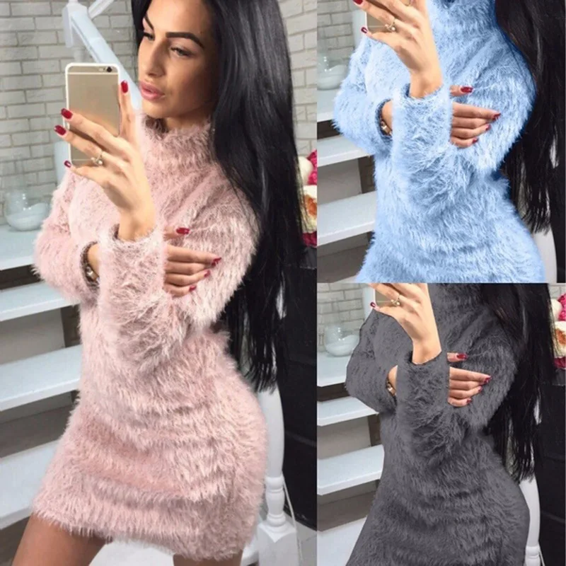 

Furry high neck long sleeve sweater dress