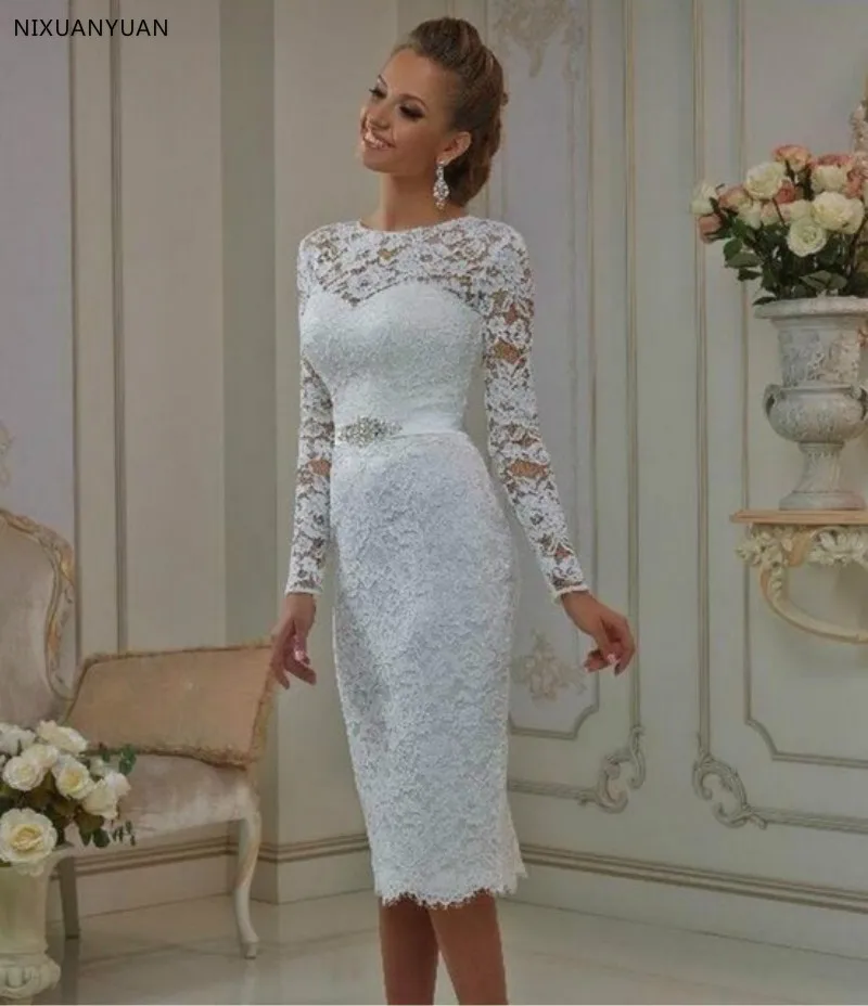 

Vintage Lace Tea Length Lace Wedding Dress 2019 Long Sleeves Sheath Jewel Crystal Sash Bridal Gowns Robe De Mariage