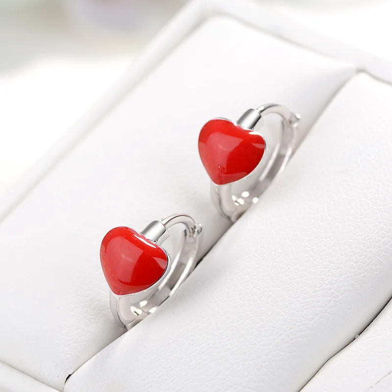 

lovely enamel red sterling silver 925 heart earrings hoops for womens