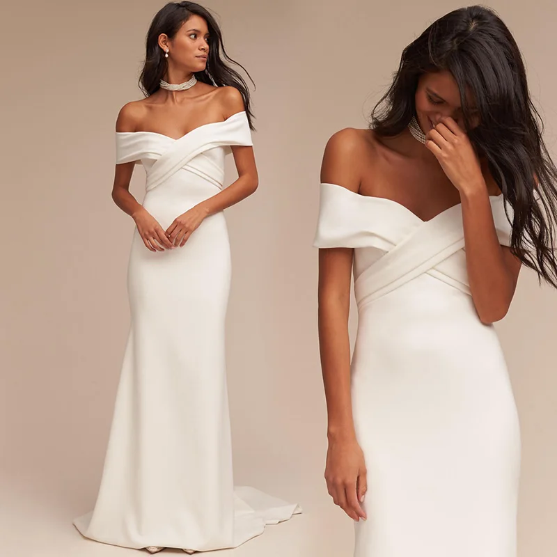 

Off the Shoulder Beach Wedding Dresses 2019 Vestido Noiva Praia Simple White Satin Casamento Bridal Gown Boho Wedding Dress