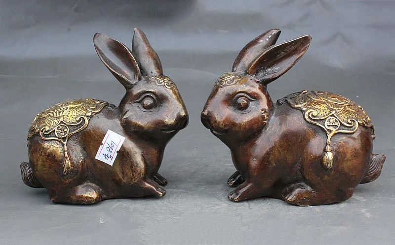 

China Bronze Gilt Wealth Coney Auspicious Zodiac Rabbit Hare Animal Pair Statue