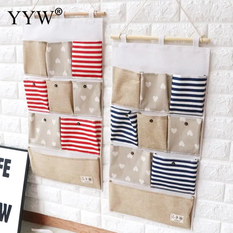 9 Pockets Hanging Storage Bag Wall Mounted Wardrobe Sundries Hanging Bag Container Fabric Cotton Pouch Cosmetic Toys Organizer