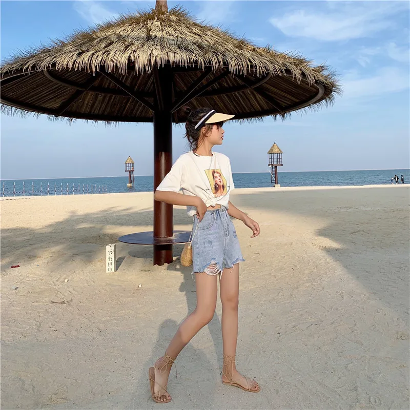Summer летние корейские шикарные Стильные шорты с высокой талией женские джинсы A line рваные женские джинсовые шорты(Z6317