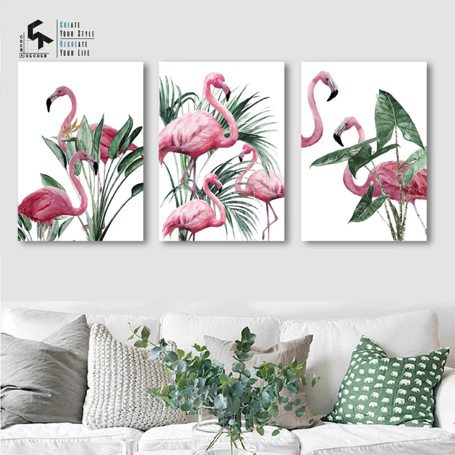 

CREATE&RECREATE Flamingo Posters And Prints Green Leaves Wall Art Canvas Paintings Plants Home Decoration Pictures CR1810106016