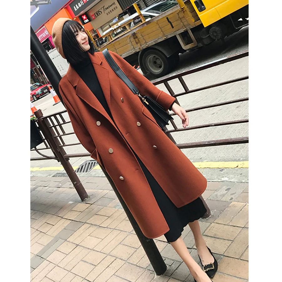 Mulena Loose Double Faced Woolen Coat Women Solid Double Breasted Pocket Long Ladies Coats Straight Outerwear Female Fall Spring
