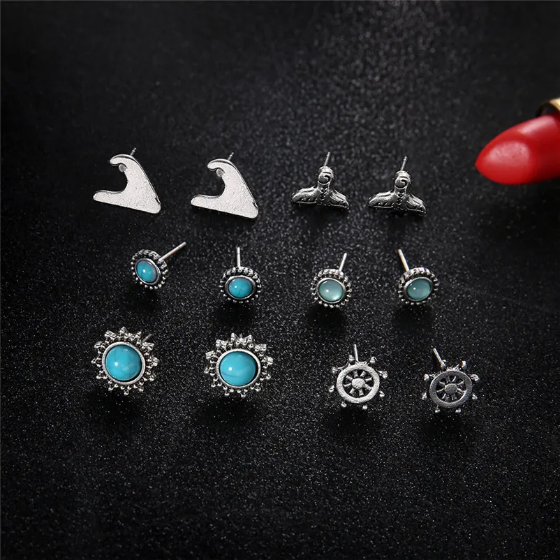 2018 Trendy stud earrings for women Girls Jewelry Blue gemst Rudder Of A Fish Tail Ship Bohemia Stud Earrings Brincos J04#N (1)