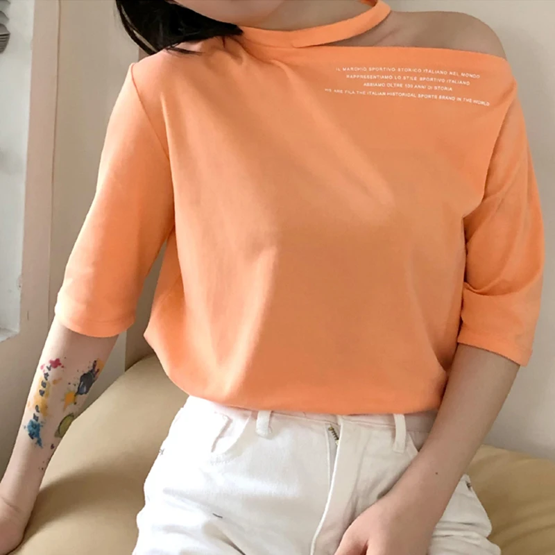 

AOSSVIAO Korean Off Shoulder Asymmetric Women's T-shirts Loose Tops Female Slim Short Sleeve Fashion Black Tshirt Autumn 2019