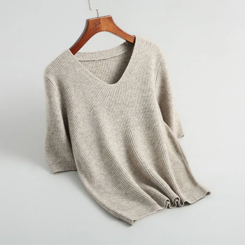 

J729 Women elegant v neck short sleeve basic sweater office lady match all autumn winter sweaters knitted tops