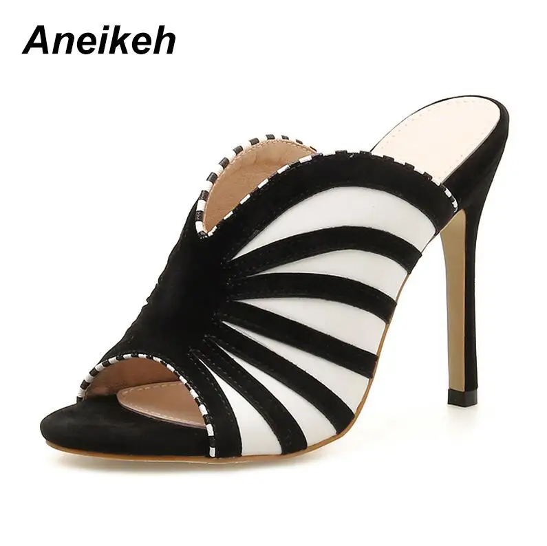 Aneikeh/модельные туфли на высоком каблуке в полоску с принтом зебры; летние модные слипоны на тонком каблуке; женские сабо; Цвет Черный; Размеры 35-40 - Цвет: Zebra pattern